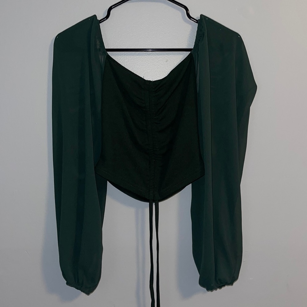 SHEIN emerald green flowy sleeve adjustable crop top with ties Size Medium